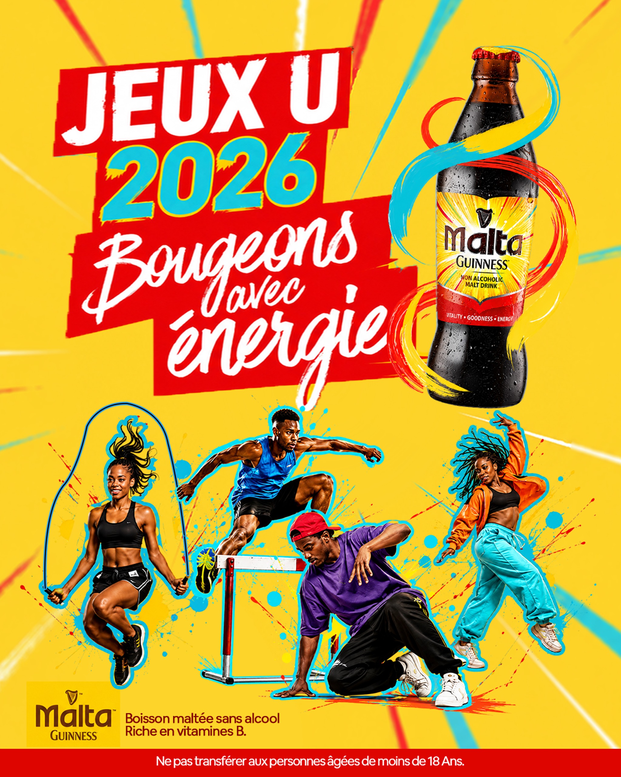 Visuel Malta Guinness JEUX U 2026 avec bouteille et athlètes